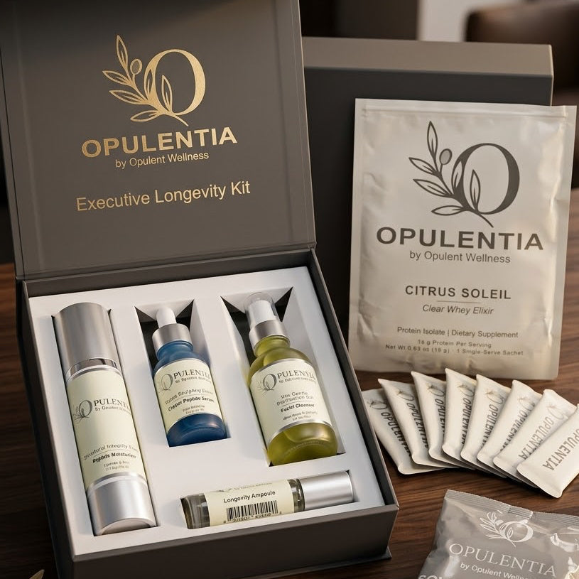 Opulentia by Opulent Wellness Executive Longevity Kit displayed in an open dark gray box on a wooden table, with three bottles, a small tube, sachets, and a single packet nearby. The box lid and sachets show the Opulentia branding.