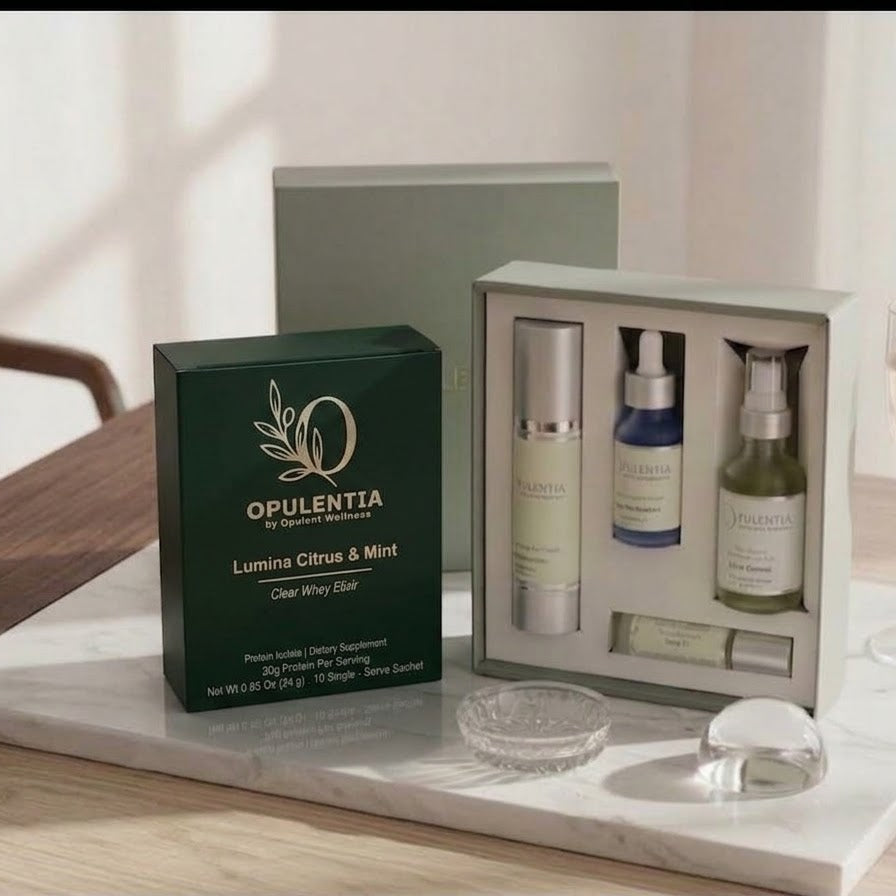 Opulentia skincare gift set displayed on a marble tray, featuring a dark green Lumina Citrus & Mint box, an open light gray set with three bottles, and a glass of champagne on a wooden table.