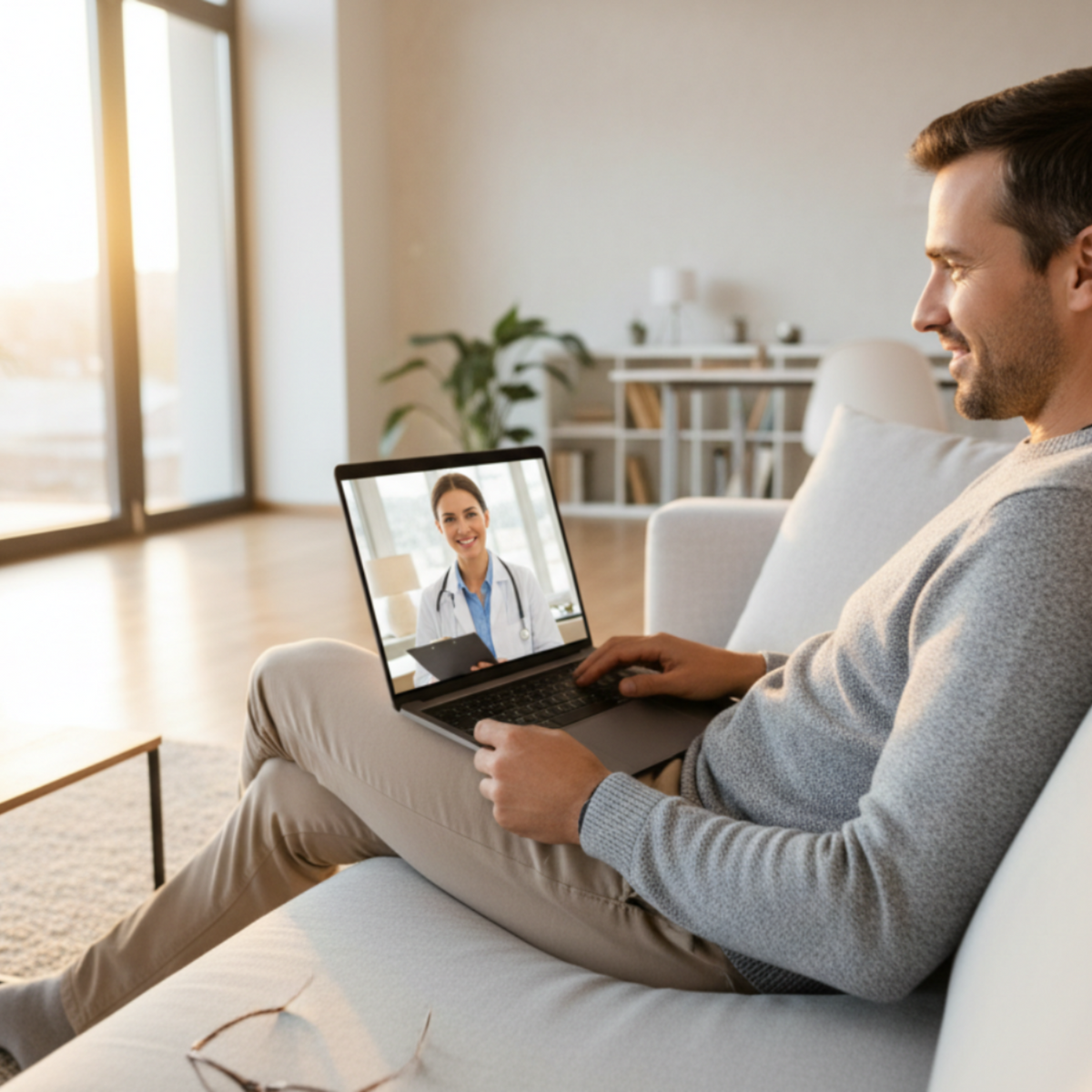 A man in a gray long-sleeve shirt and beige pants sits on a white sofa in a bright living room, using a laptop to join a video call with a doctor on screen.