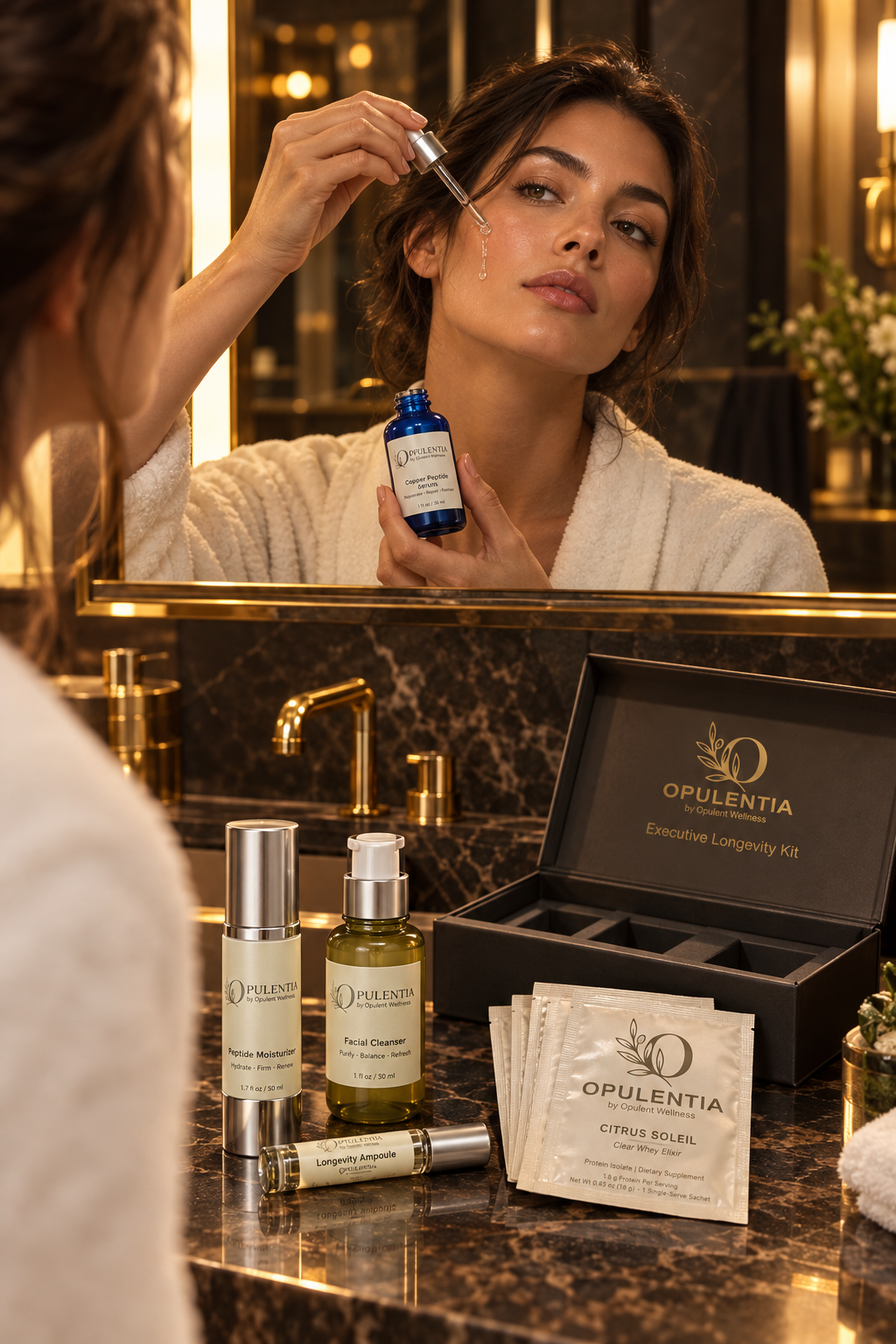 Mirror reflection: applying Copper Peptide Serum with kit products on bathroom counter